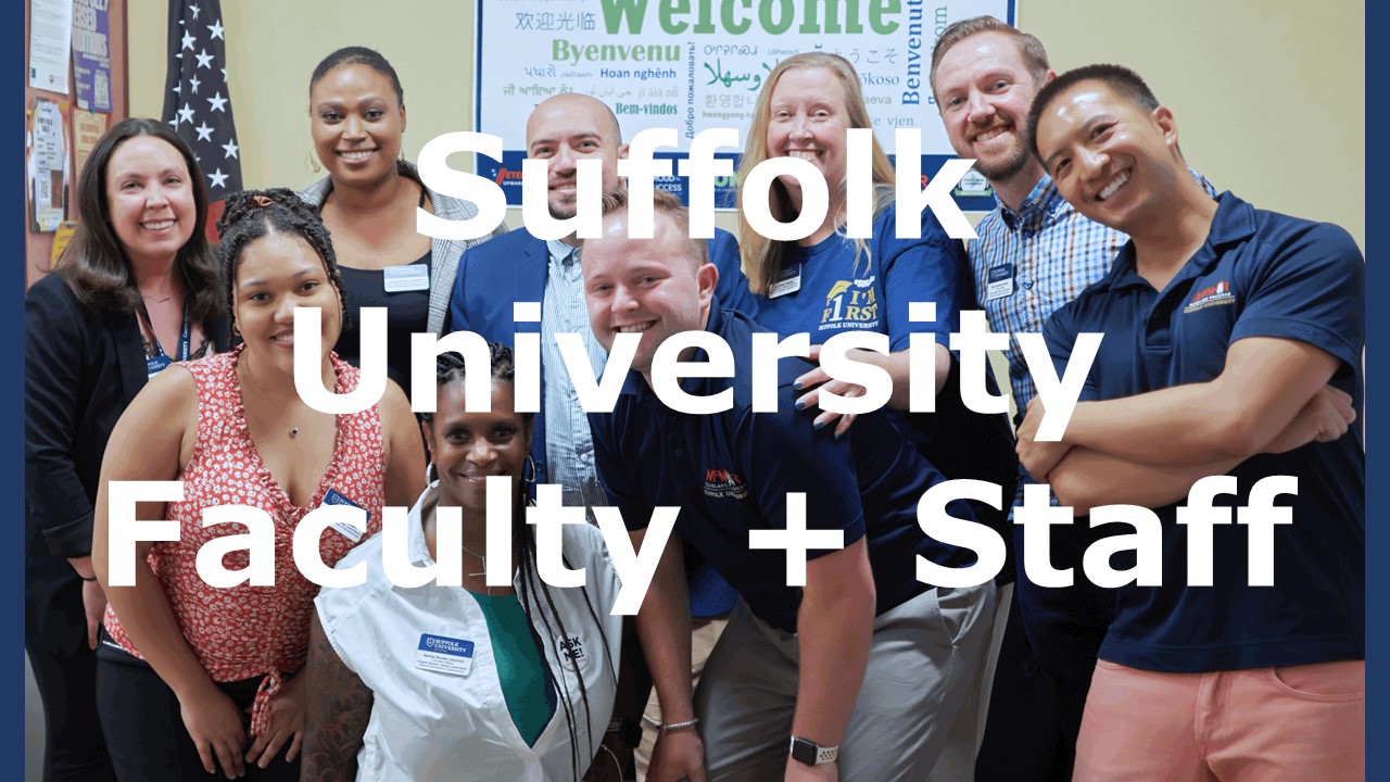 a group of staff members with the words Suffolk University Faculty and Staff