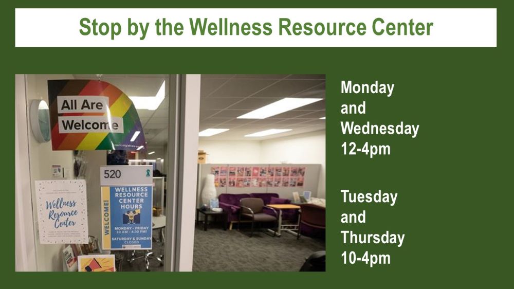 Entrance to the Wellness Resource Center and the hours of operation